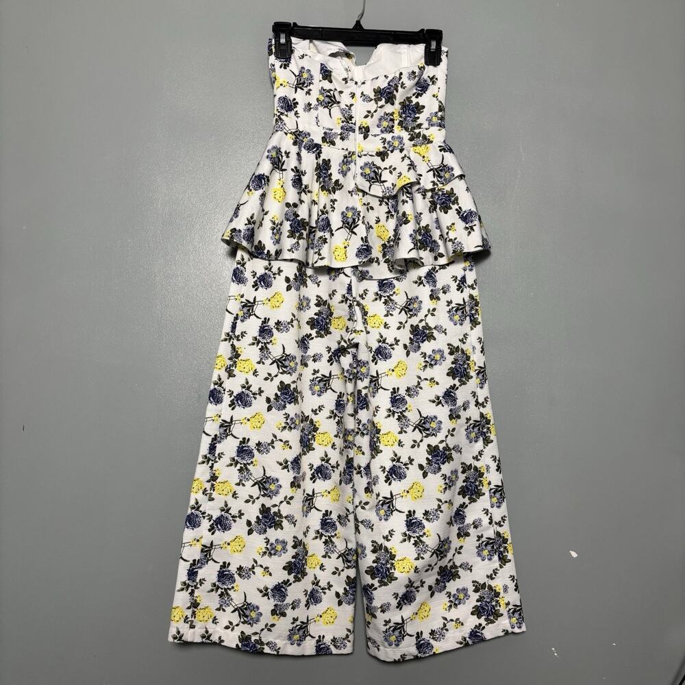ASOS Women’s Blue Yellow Floral Peplum Wide Leg Jumpsuit Strapless Size 2 White - Picture 6 of 14